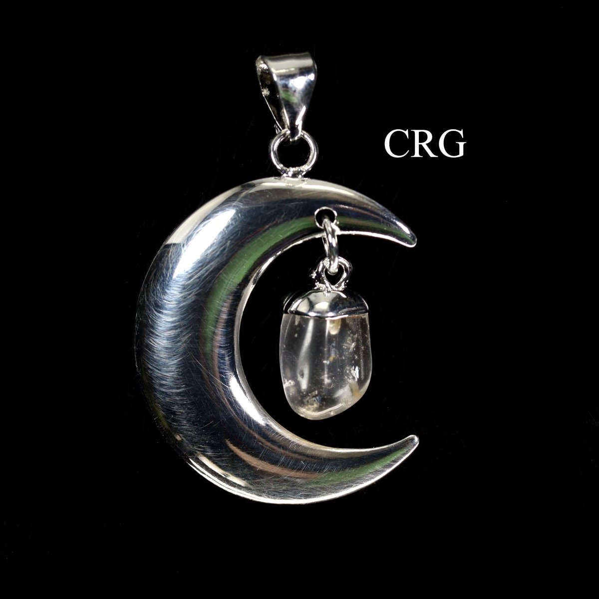 QTY 1 - Silver Plated Moon Pendant with Tumbled Clear Quartz / 4" Avg