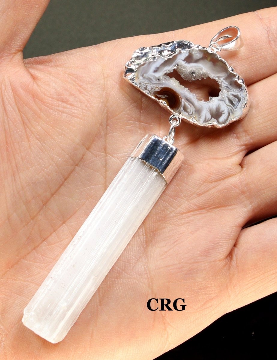 Oco Geode Slice and Selenite Pendant with Silver Plating (3.5 Inches) (1 Piece)