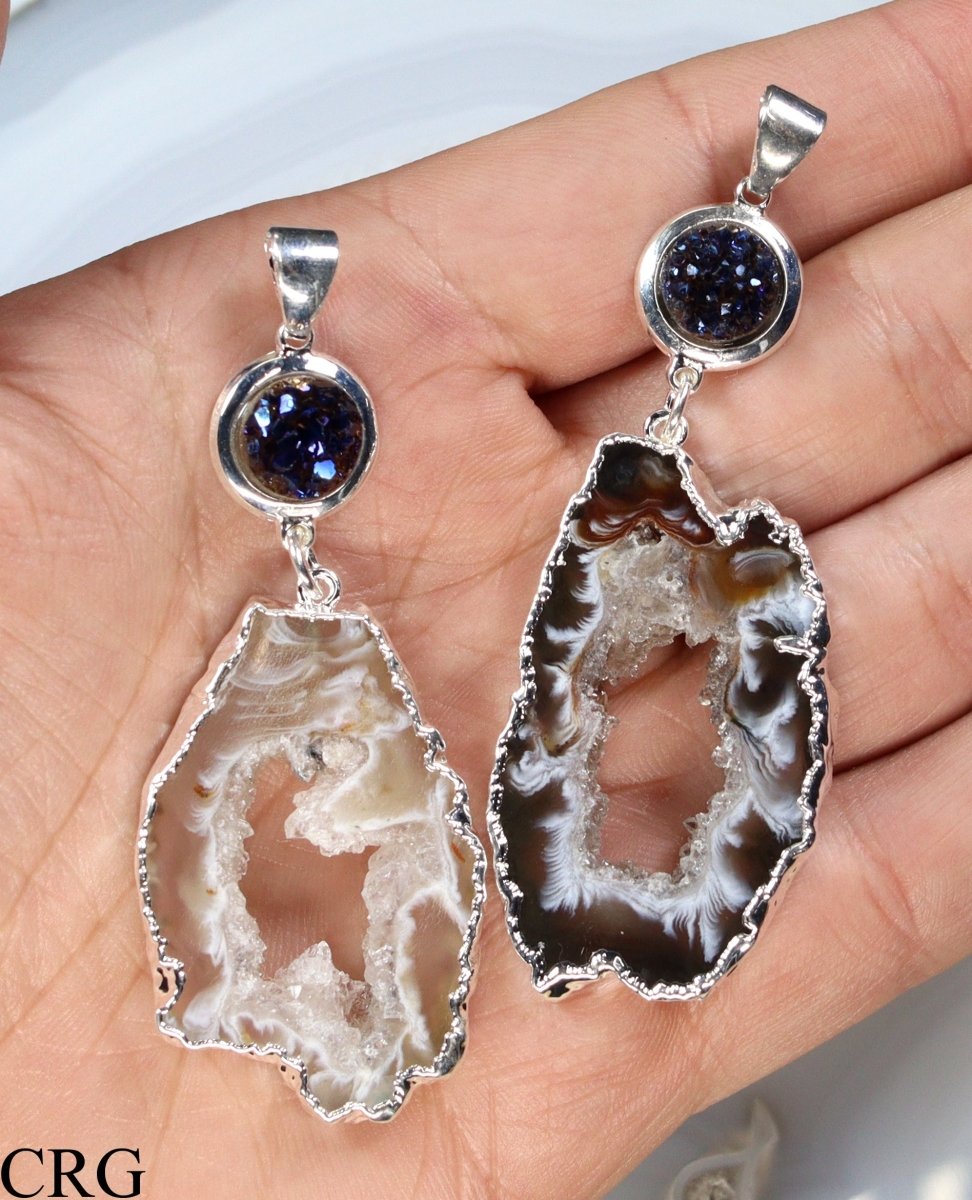 QTY 1 - Silver Plated Oco Geode Slice Pendant with Titanium Aura Amethyst Druzy / 2.75" AVG