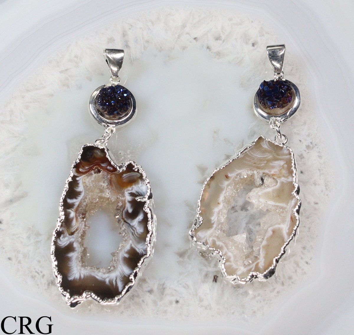 QTY 1 - Silver Plated Oco Geode Slice Pendant with Titanium Aura Amethyst Druzy / 2.75" AVG