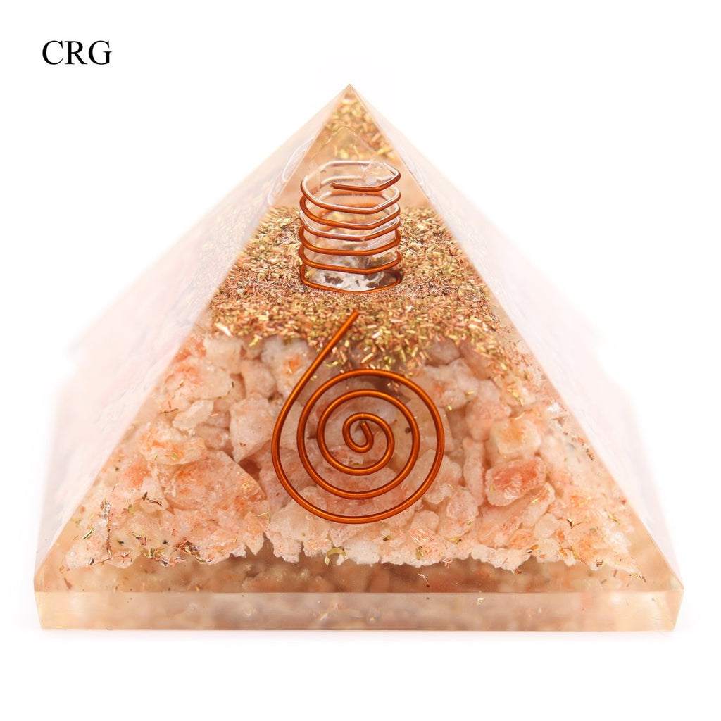 QTY 1 - Sunstone Chip Orgonite Pyramid with Copper / 3" AVG