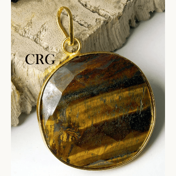 Tiger's Eye Faceted Round Pendant with Gold Plating (1 To 2.5 Inches) (1 Piece) (INJD)