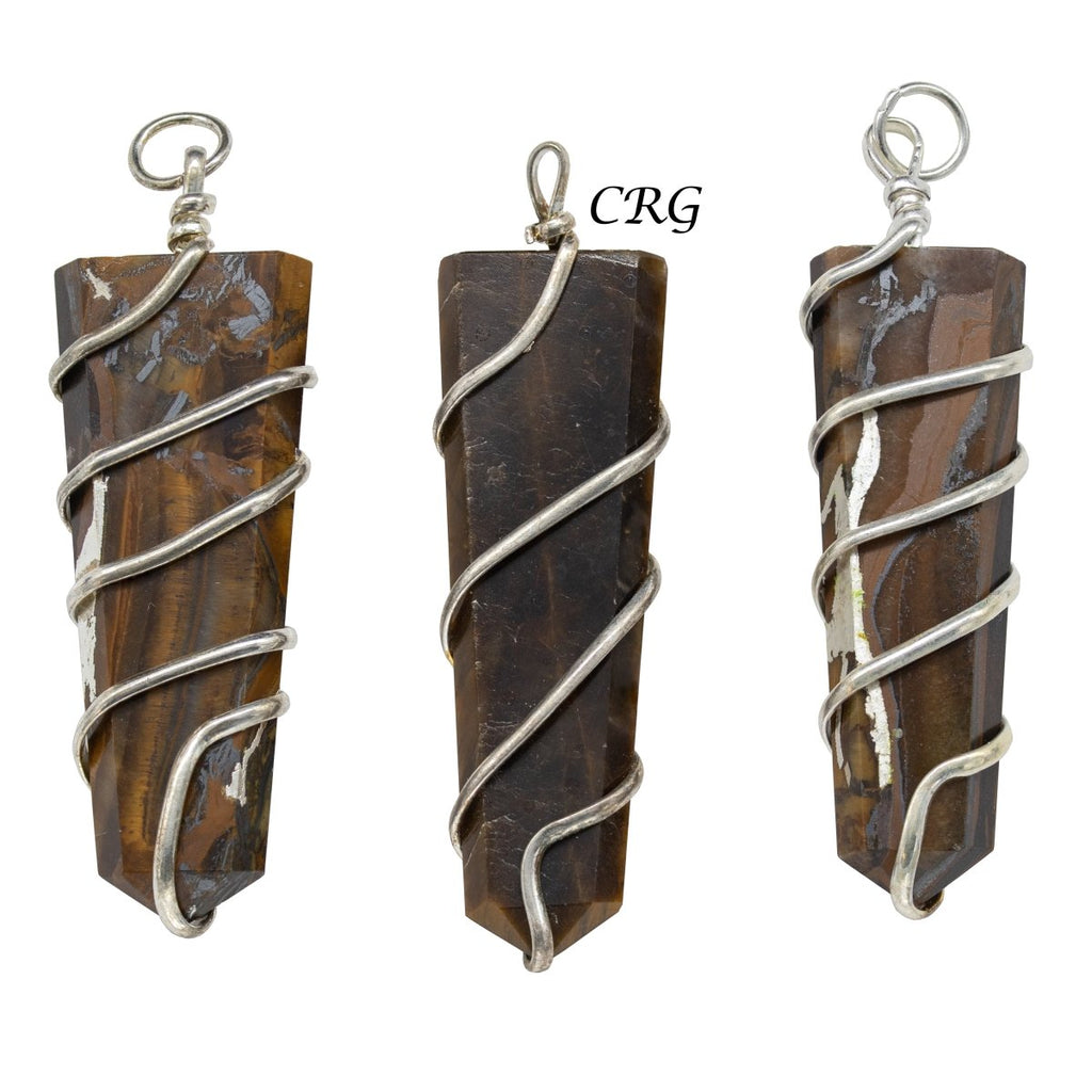 QTY 1 - Tiger Eye Flat Point Pendant w/ Silver Spiral Wrapping 2.5" Avg (INJD)