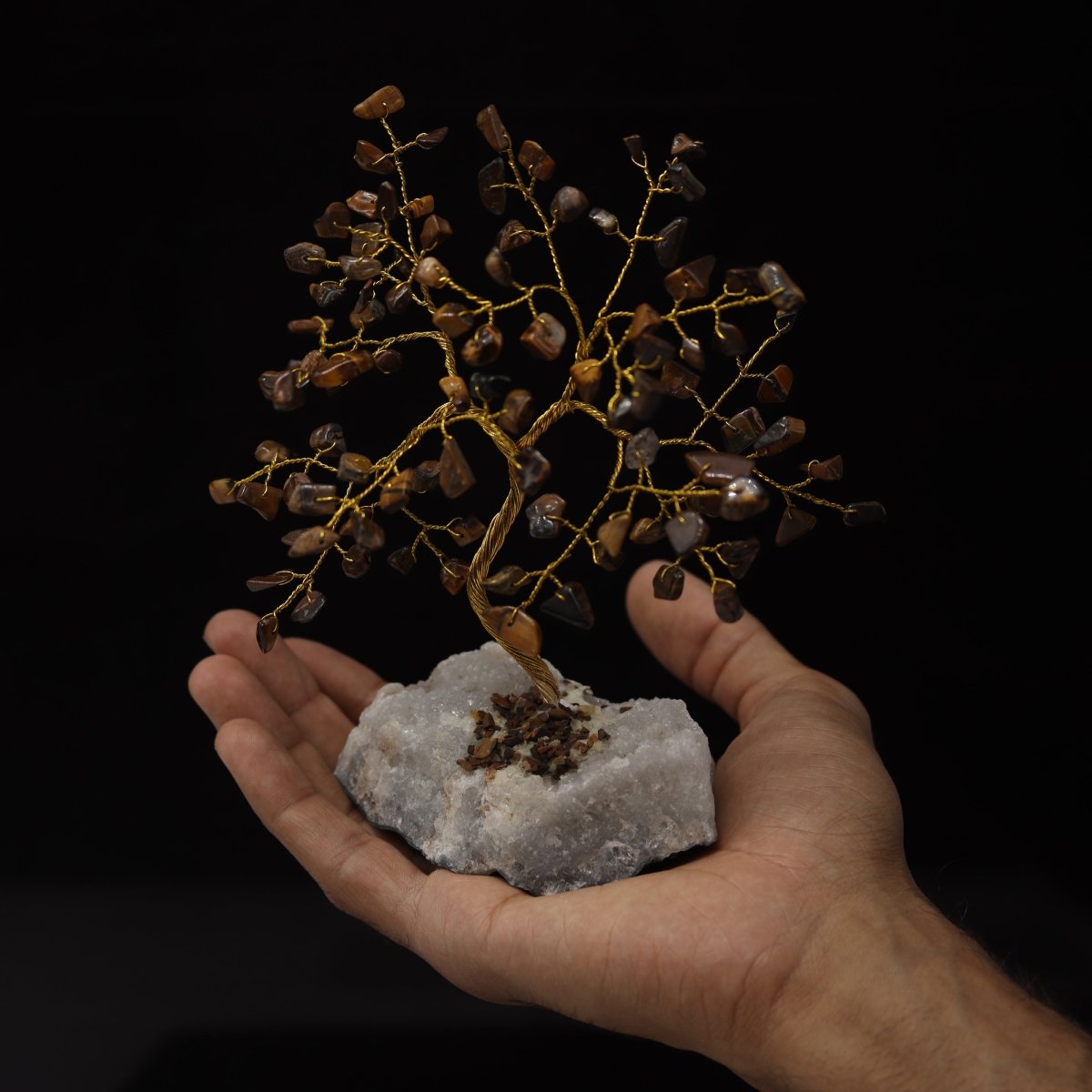 QTY 1 - Tiger's Eye 160 Chip Gem Tree with Gold Wire / 3-5" AVG