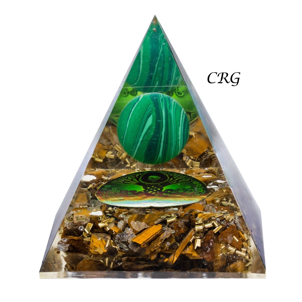QTY 1 - Tiger's Eye Orgonite Pyramid with Malachite Sphere / 3-4" AVG
