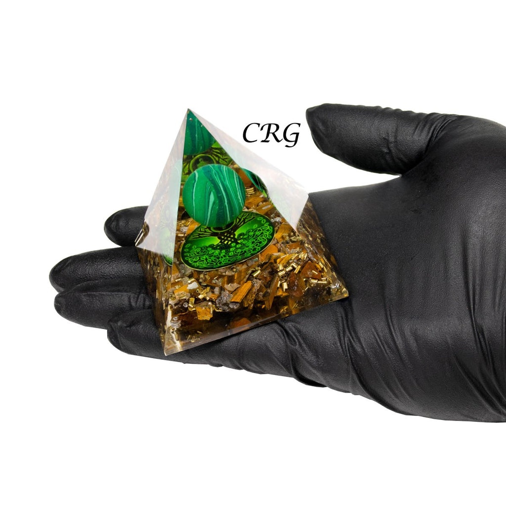 QTY 1 - Tiger's Eye Orgonite Pyramid with Malachite Sphere / 3-4" AVG