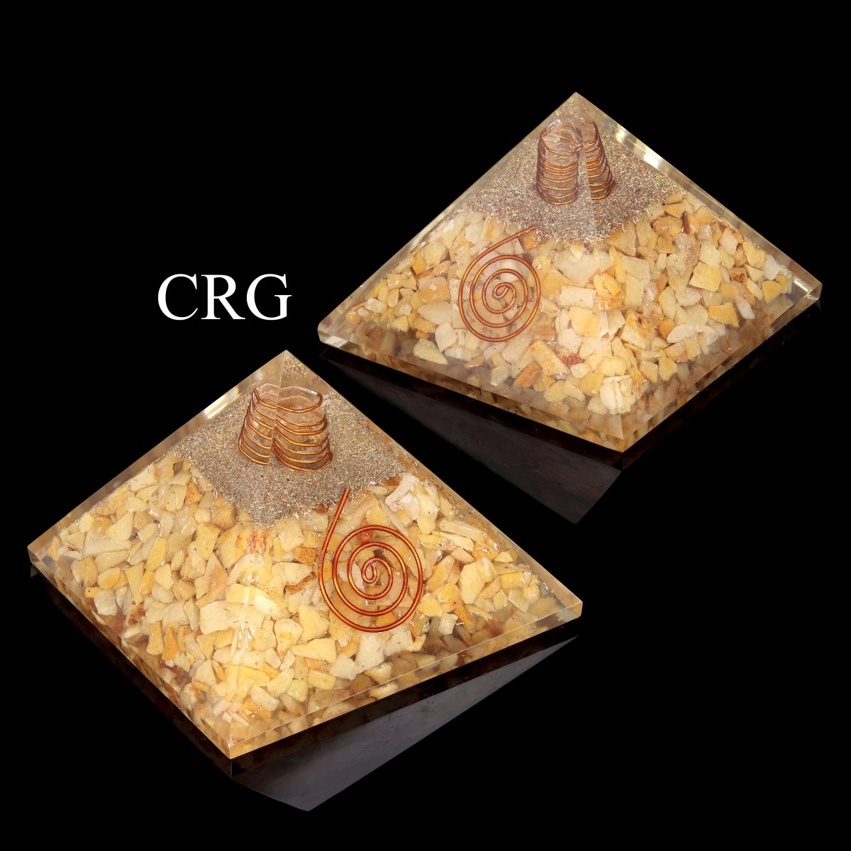 QTY 1 - Yellow Quartz and Aventurine Chip Orgonite Pyramid with Copper / 3" AVG