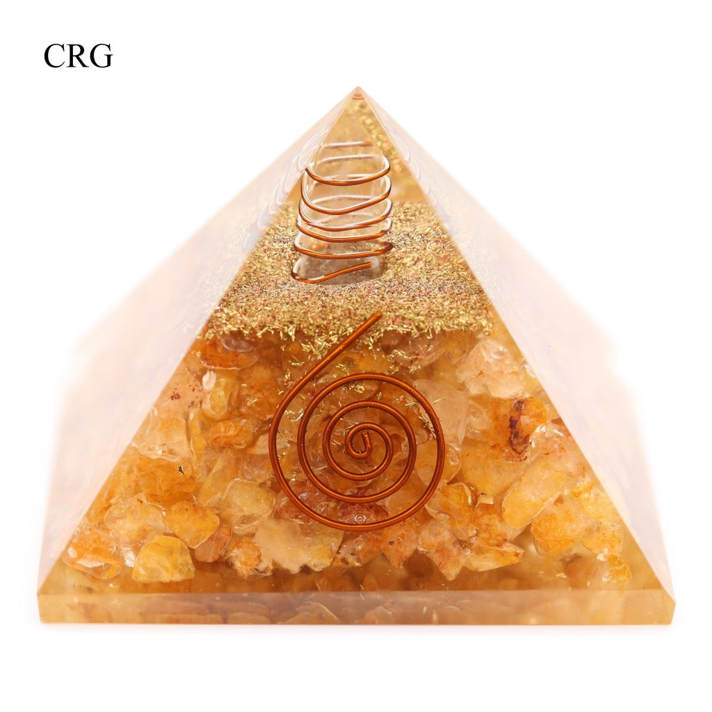 QTY 1 - Yellow Quartz and Aventurine Chip Orgonite Pyramid with Copper / 3" AVG