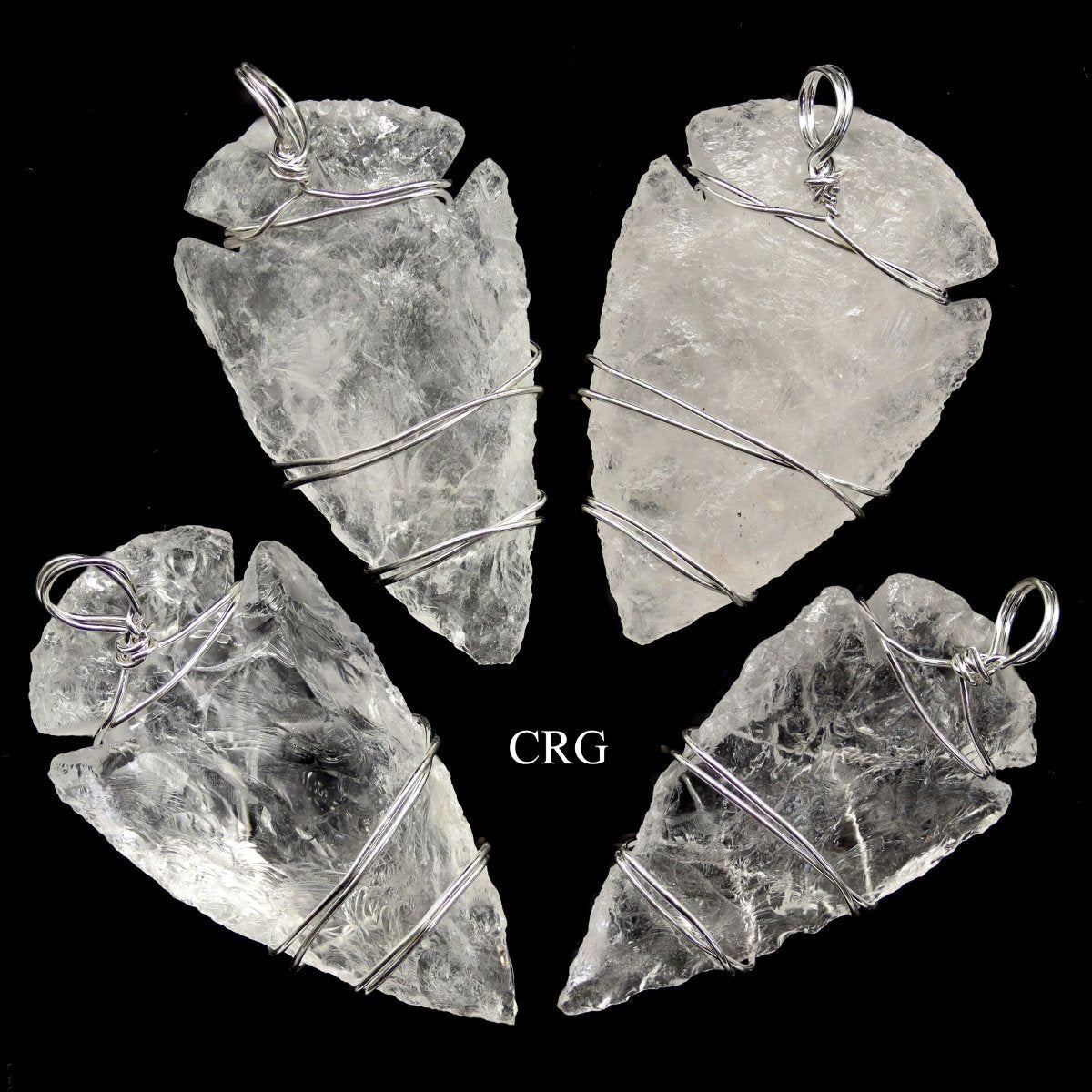 Quartz Arrowhead Pendants with Silver Wire Wrapping (4 Pieces) Size 1.5 Inches