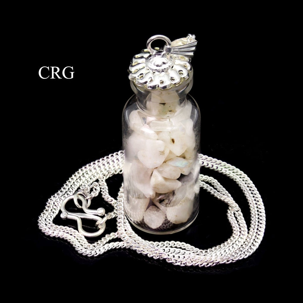 Rainbow Moonstone Chip Bottle Necklace with Silver Plating (12 Inches) (1 Piece) (INJD)