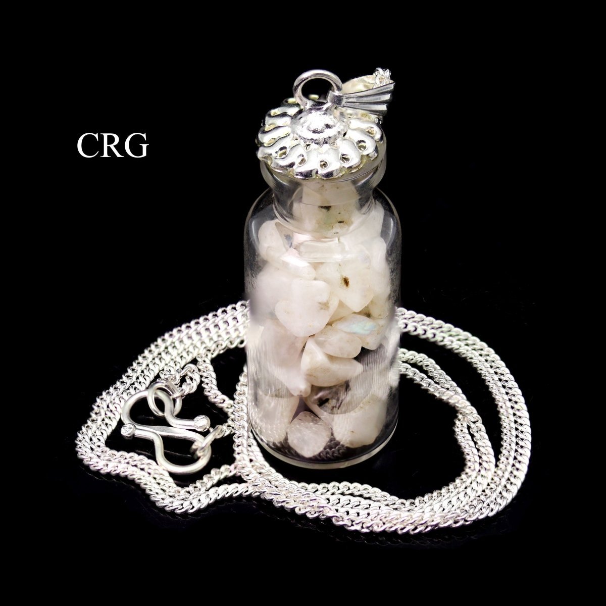 Rainbow Moonstone Chip Bottle Necklace with Silver Plating (12 Inches) (1 Piece) (INJD)