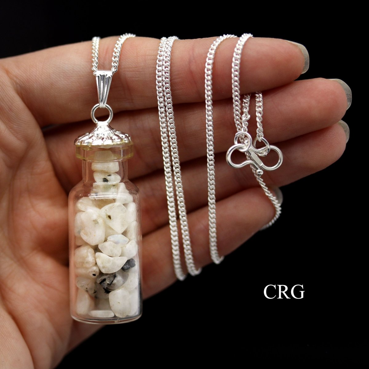 Rainbow Moonstone Chip Bottle Necklace with Silver Plating (12 Inches) (1 Piece) (INJD)
