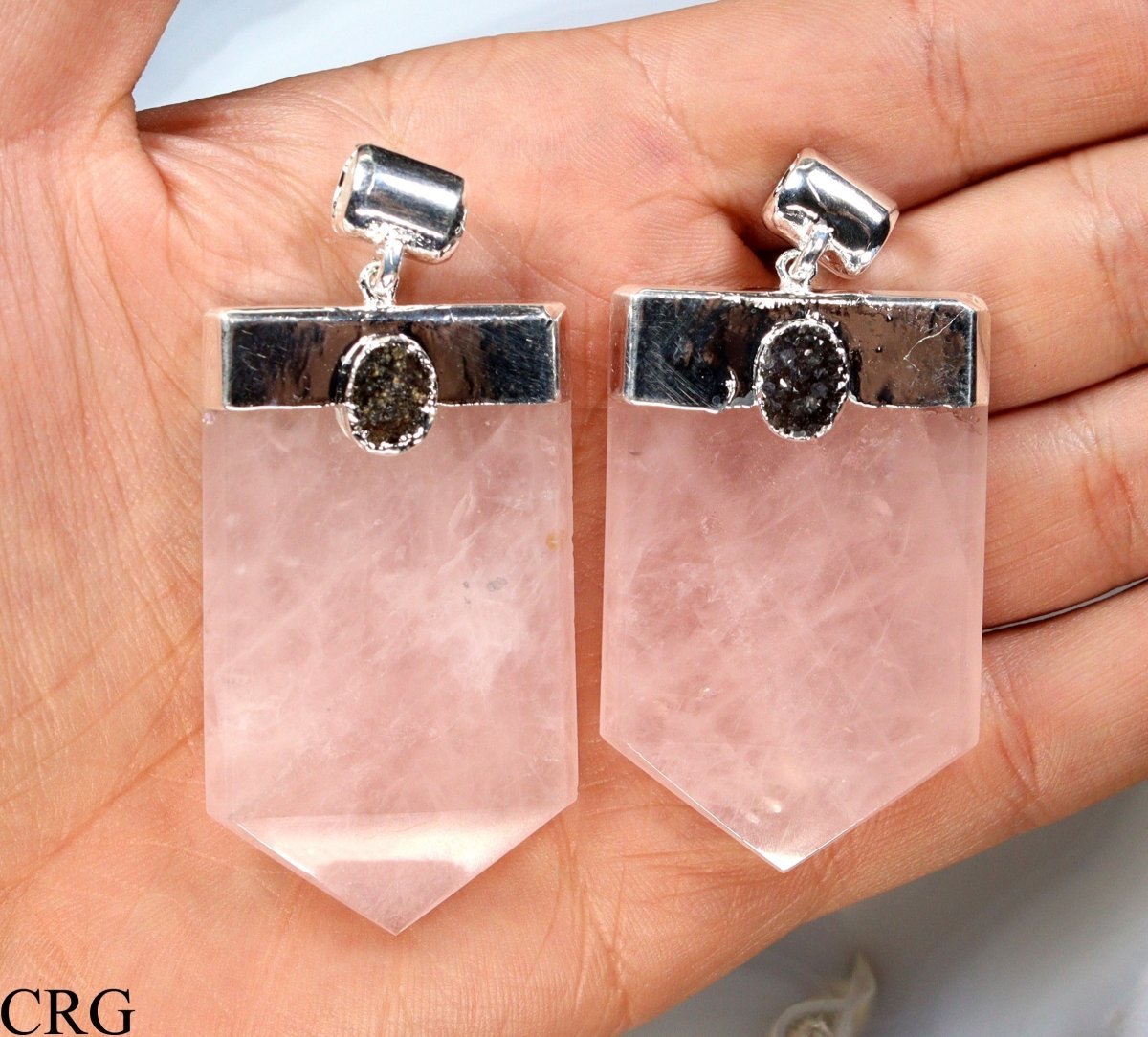 Rose Quartz Druzy Flat Pendant with Silver Plating (1 Piece) Size 2.5 Inches Crystal Jewelry Charm