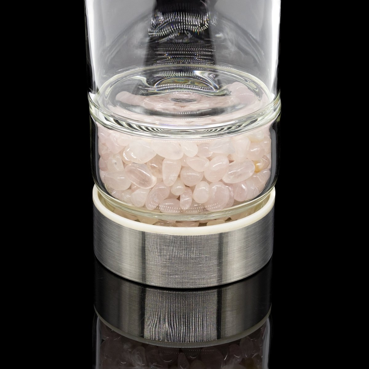 Rose Quartz Gemstone Metal Glass Water Bottle (1 Piece) Size 12 Inches with Black Protective Sleeve