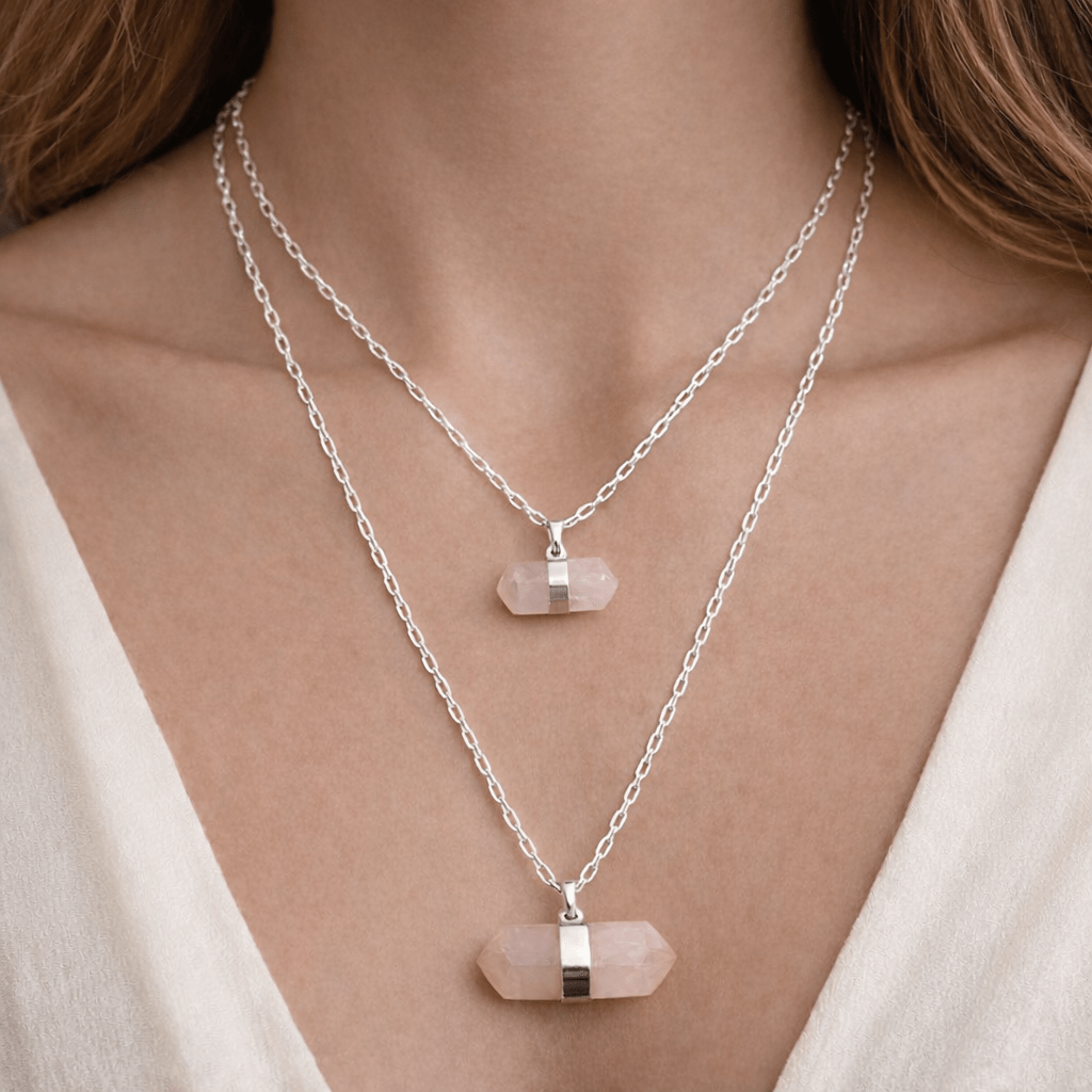 Rose Quartz Point Layered Necklace with Silver Plating (24 Inches) (1 Piece)