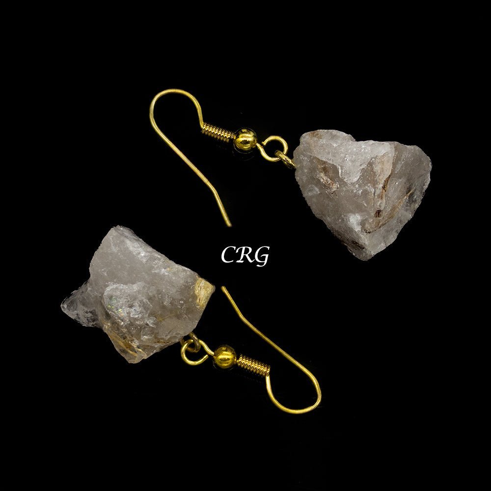 Rutilated Quartz Rough Earrings with Gold Plated Wire (0.5 To 1 Inch) (1 Pair)