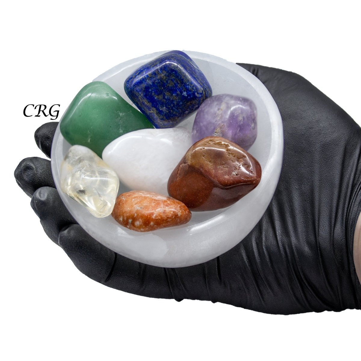 Selenite Bowl with 7 Tumbled Stones 10cm (8 Pieces)