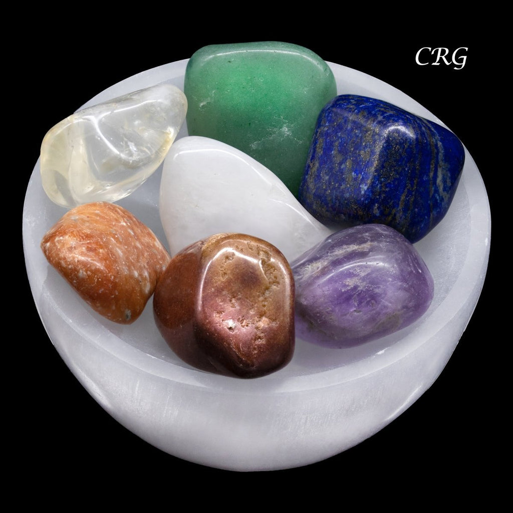 Selenite Bowl with 7 Tumbled Stones 10cm (8 Pieces)