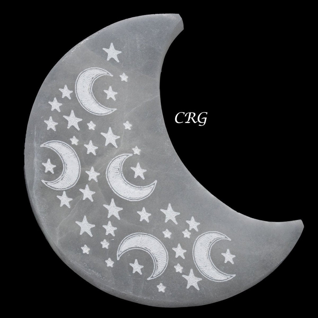 Selenite Crescent Moon Plate with Moon and Star Engravings 10cm (1 Piece)