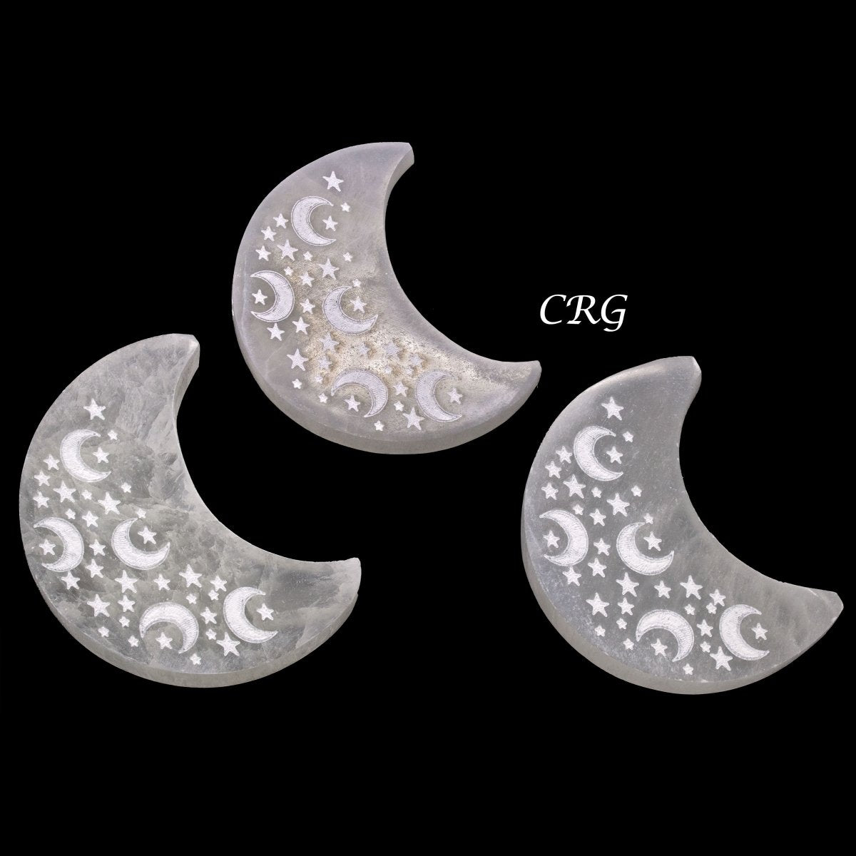 Selenite Crescent Moon Plate with Moon and Star Engravings 10cm (1 Piece)