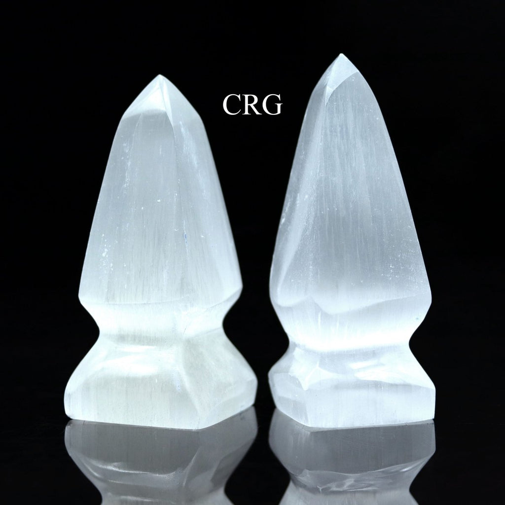 Selenite Hand-Carved Obelisk Tower with Square Base (4 Pieces) Size 3.5 to 4 Inches Crystal Gemstone Point