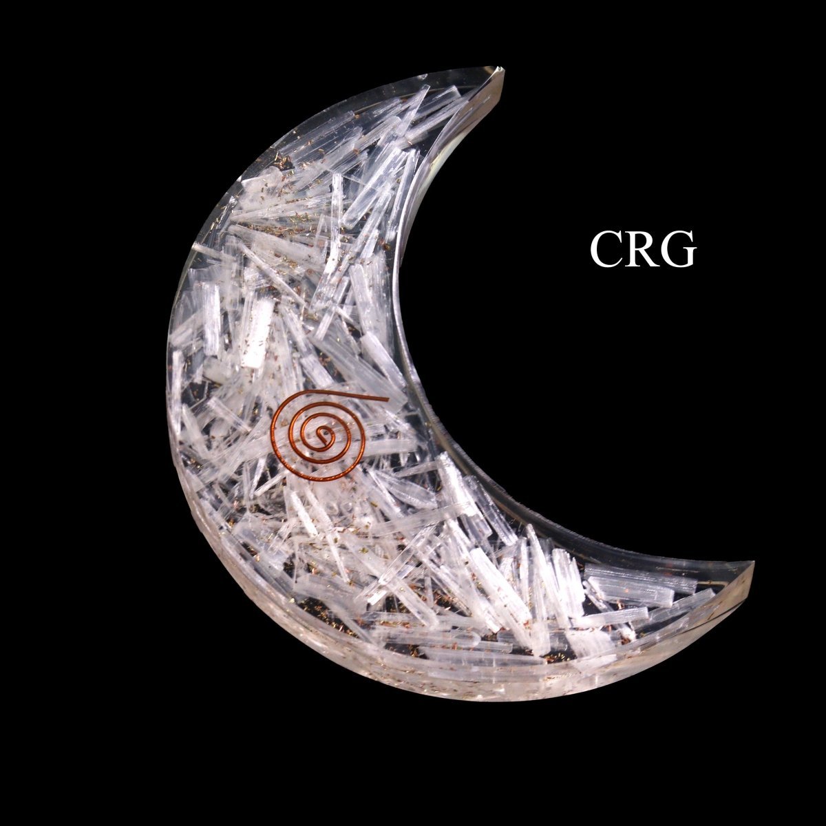 Selenite Orgonite Moon Large (5 in) Flat Gemstone Moon (1 pc)