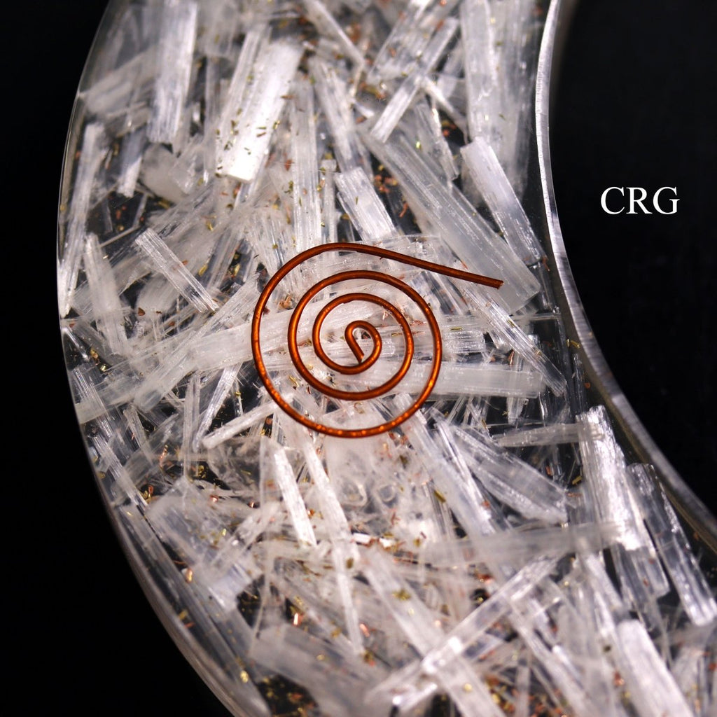 Selenite Orgonite Moon Large (5 in) Flat Gemstone Moon (1 pc)