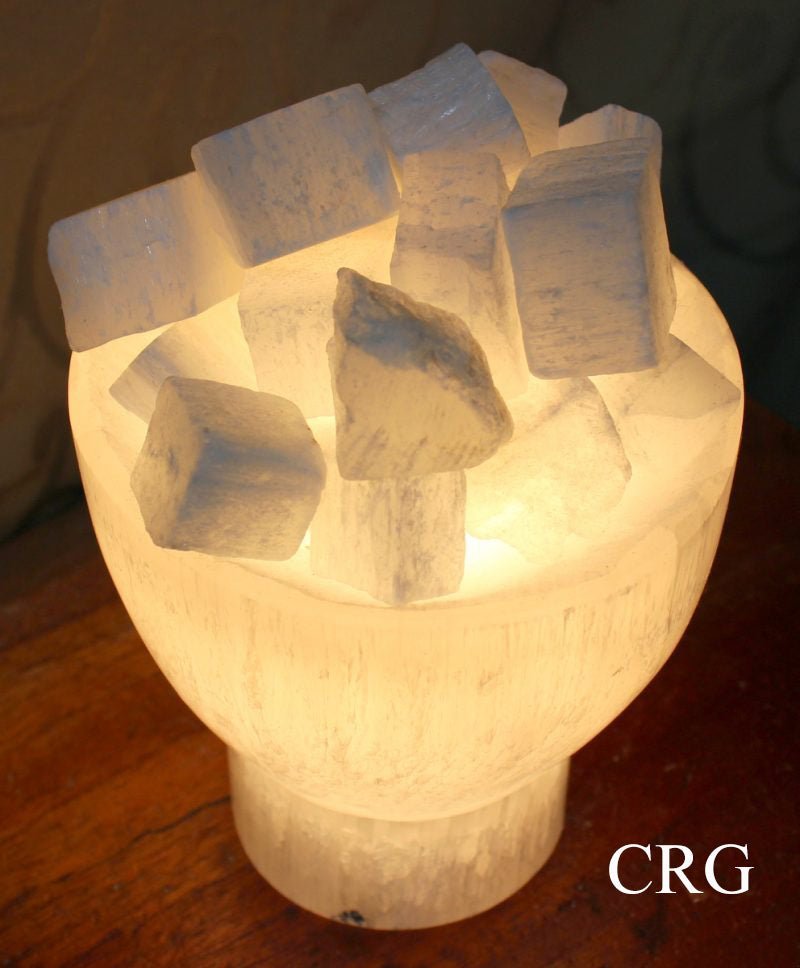 Selenite White "Fire Bowl" Lamp with Cord and Bulb (1 Piece) Size 6 to 8 by 4 Inches Crystal Gemstone Decor