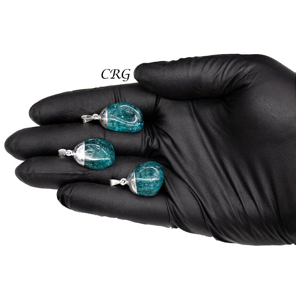 SET OF 10 - Green Crackle Quartz Pendant with Silver Plating / 1-2" AVG