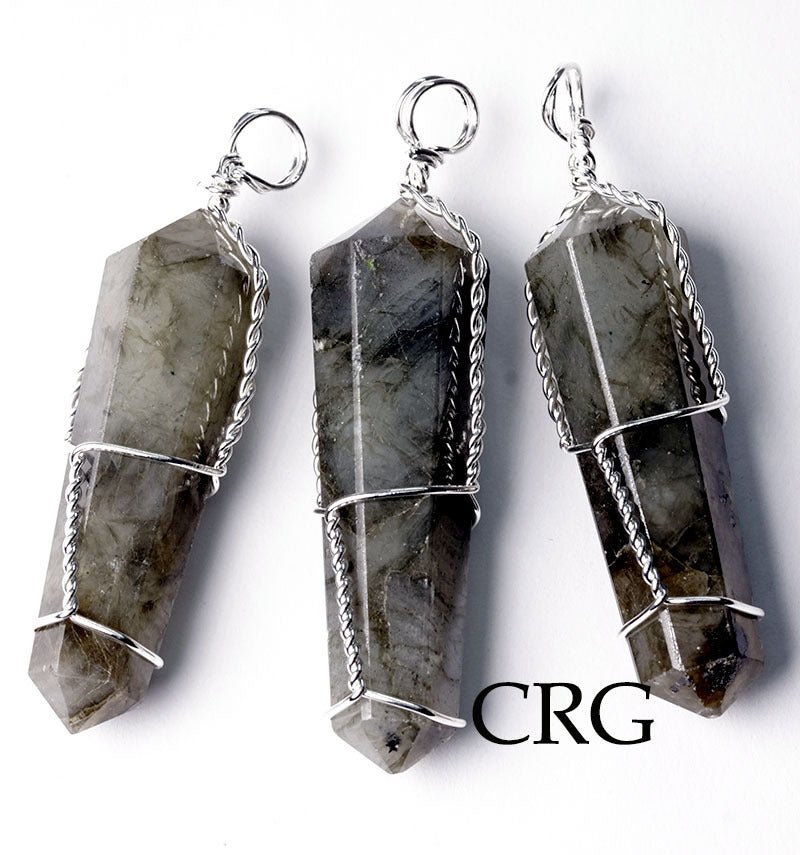 SET OF 10 - Labradorite Double Terminated Point Pendant w/ Silver Wire Wrapping