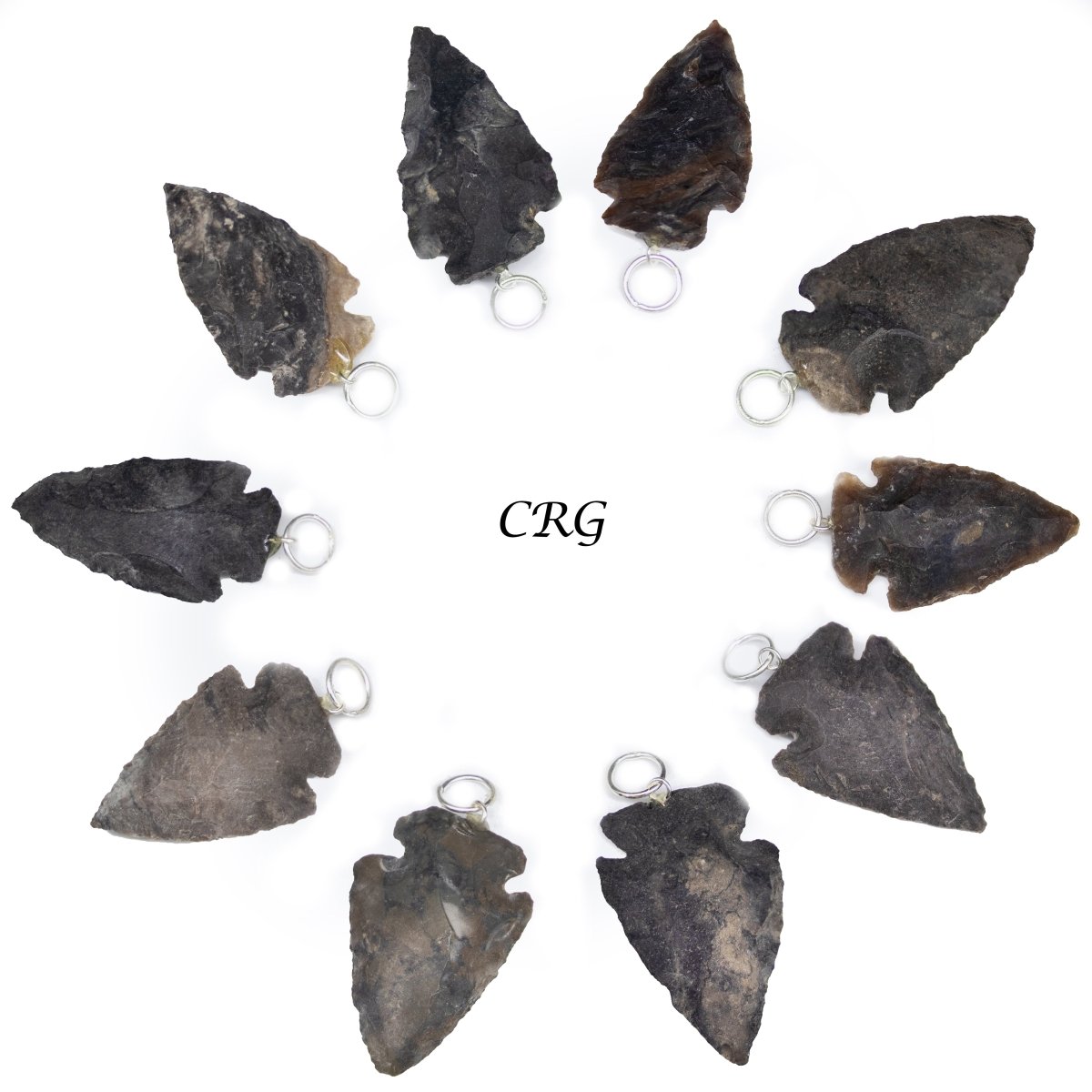 SET OF 10 - Rough Obsidian Arrowhead Pendants / 1" Avg