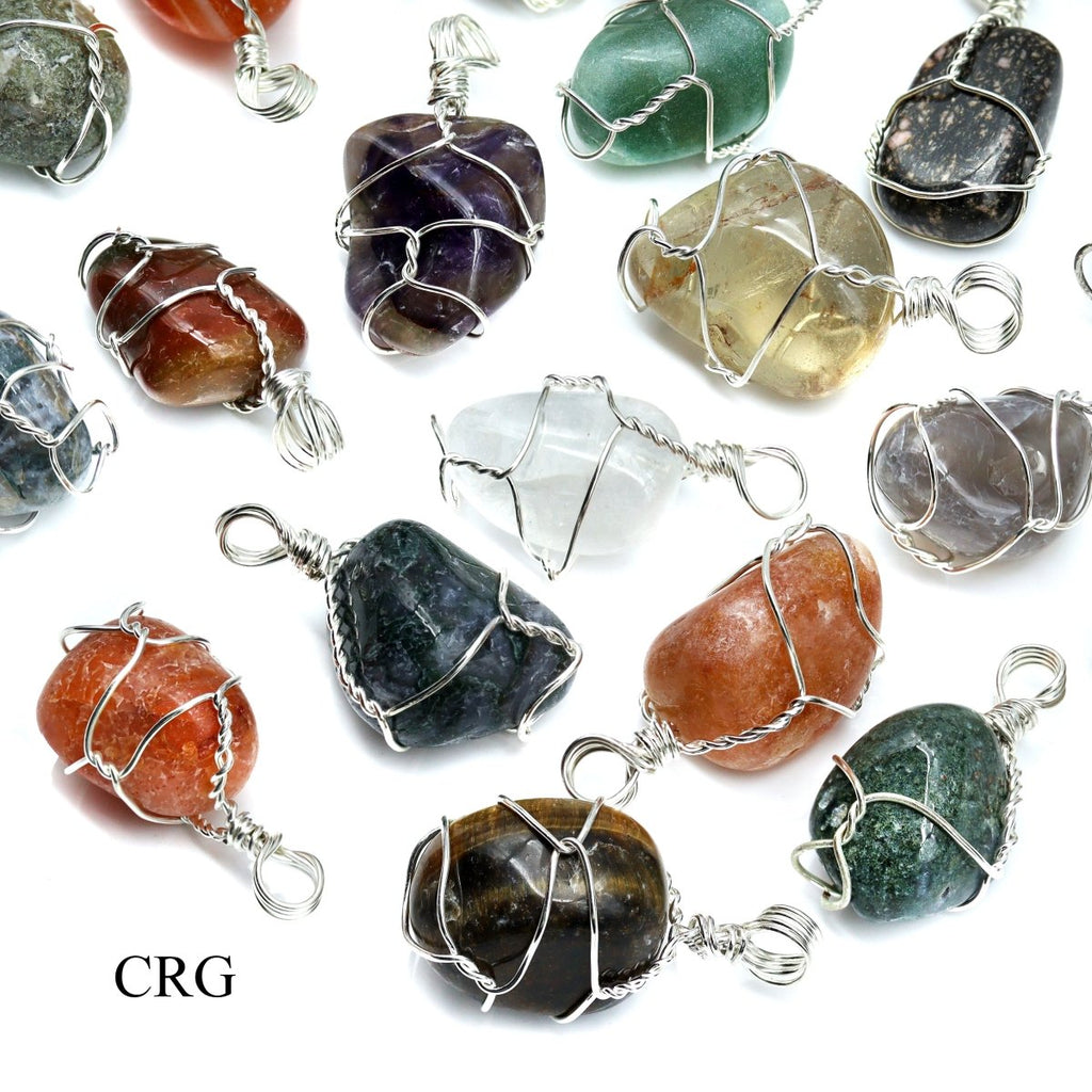 SET OF 10 - Tumbled Stone Pendants with Silver Wire Wrapping / 1-2" AVG