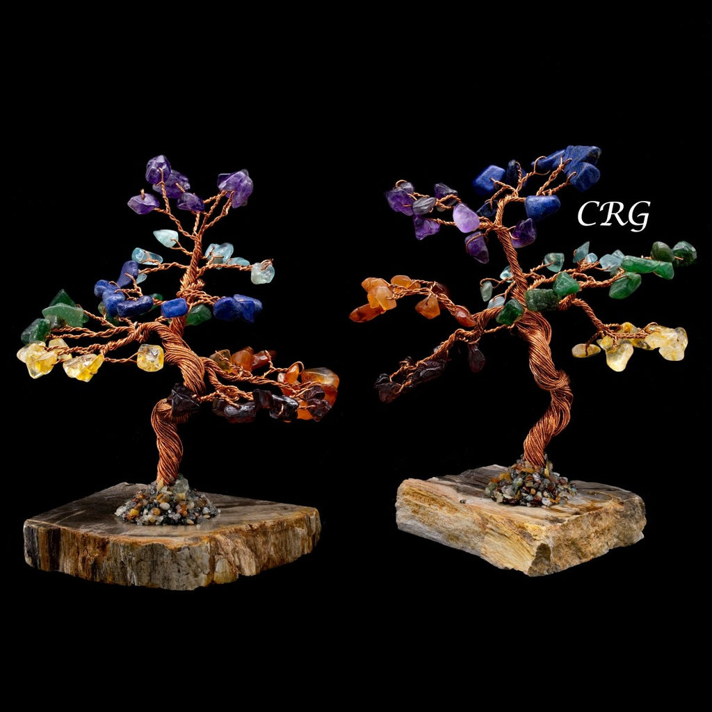 SET OF 2 - 7 Stone Gemstone Tree w/ Petrified wood base