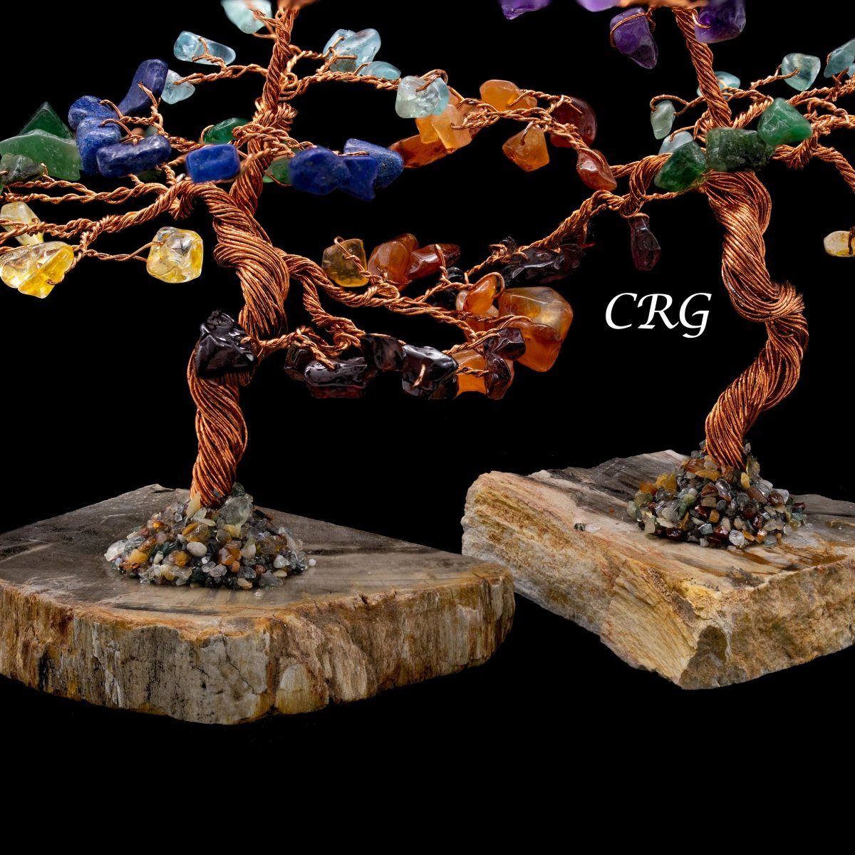 SET OF 2 - 7 Stone Gemstone Tree w/ Petrified wood base