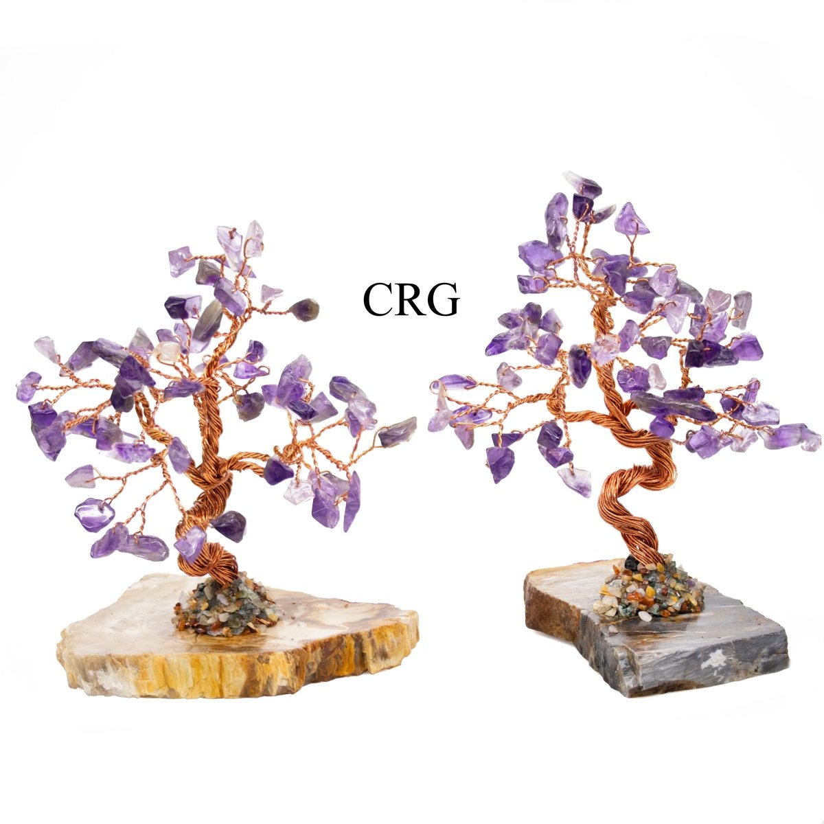SET OF 2 - Amethyst Gemstone Chip Tree with Petrified Wood Base / 3-5" AVG