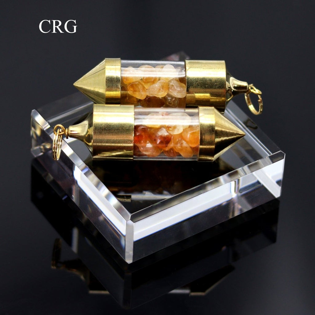 SET OF 2 - Citrine Gemstone Chips in Brass Bottle Pendants / 2-3" AVG