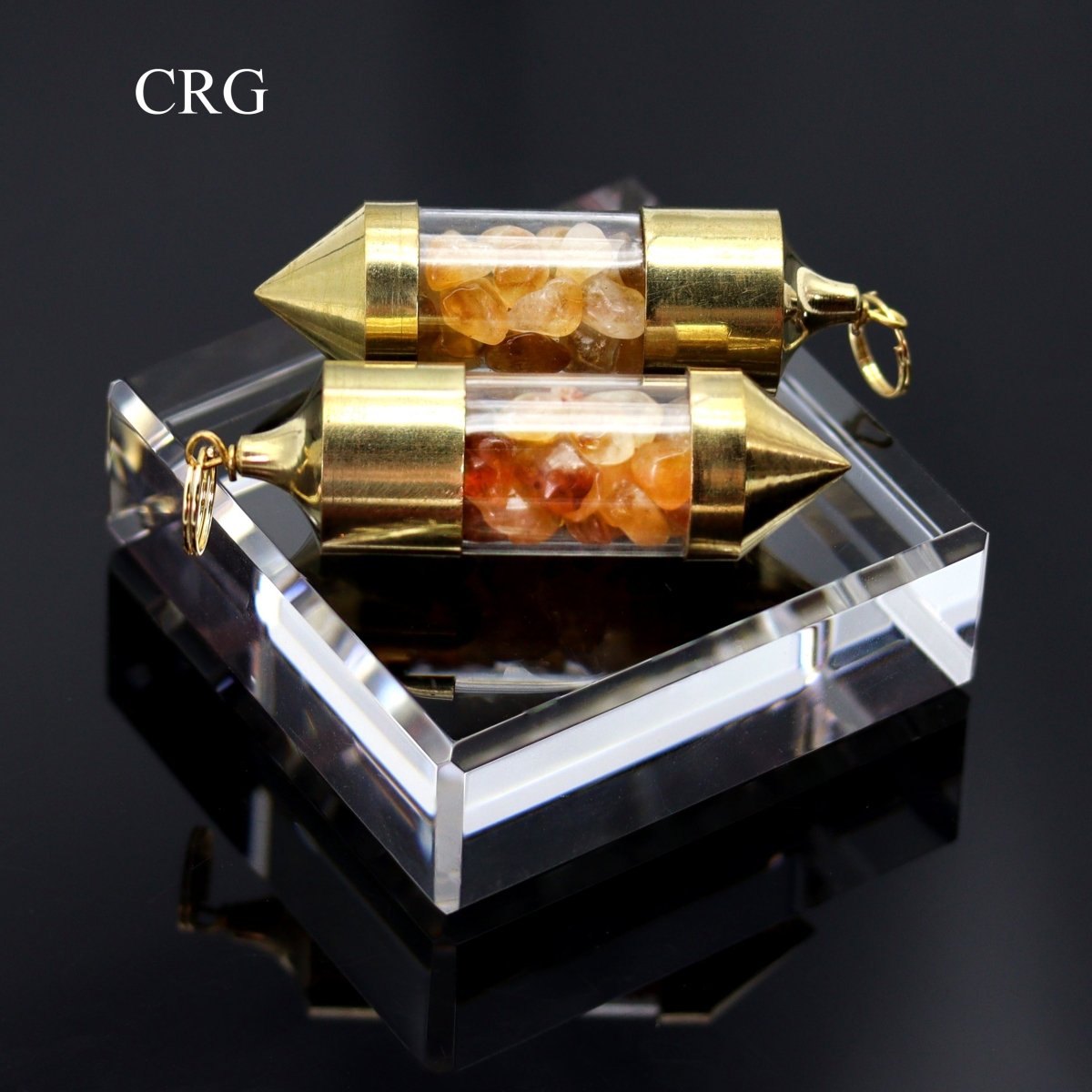 SET OF 2 - Citrine Gemstone Chips in Brass Bottle Pendants / 2-3" AVG