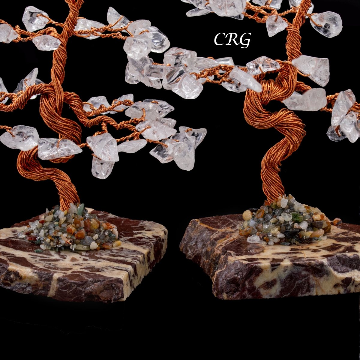 SET OF 2 - Clear Quartz Gemstone Tree w/ Petrified wood base