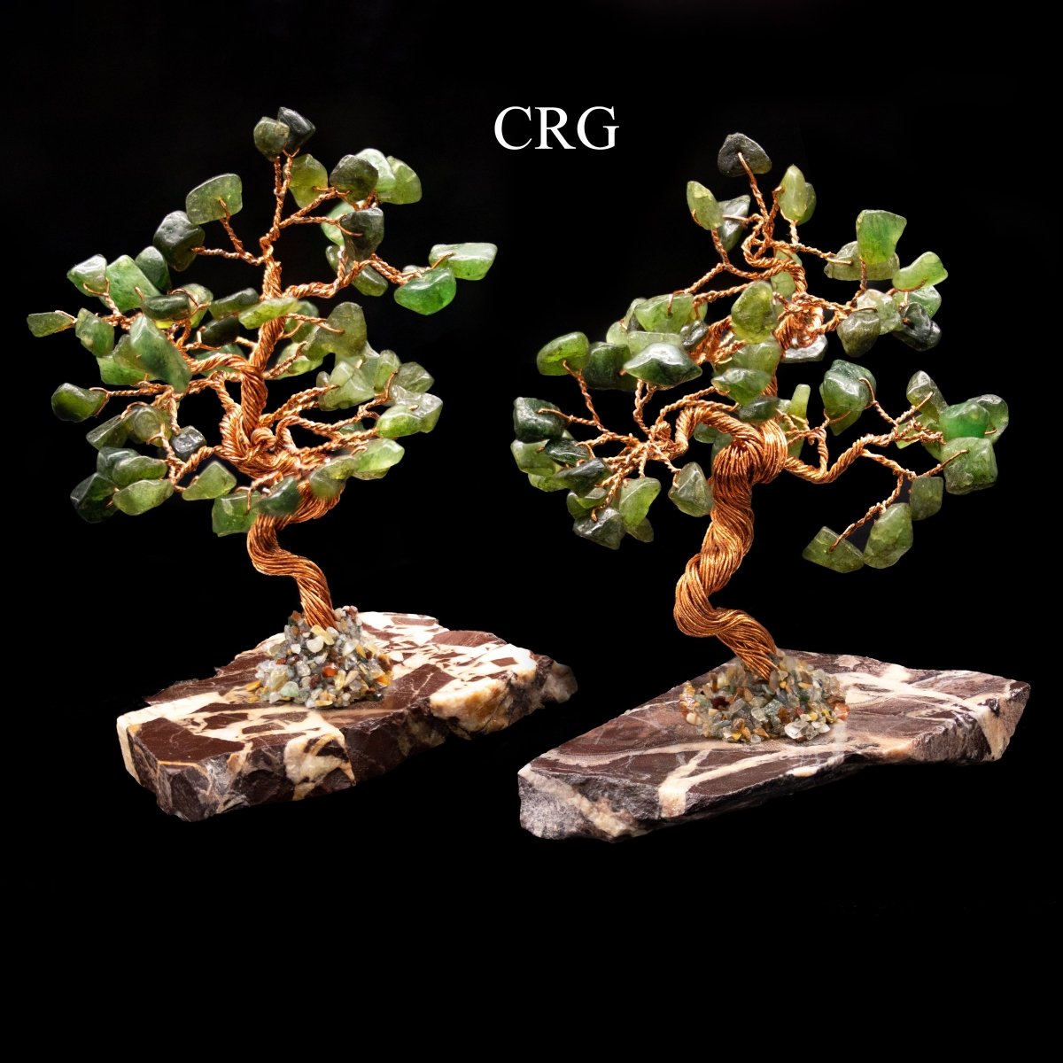 SET OF 2 - Dark Green Aventurine Gemstone Tree with Petrified Wood Base / 3-5" AVG