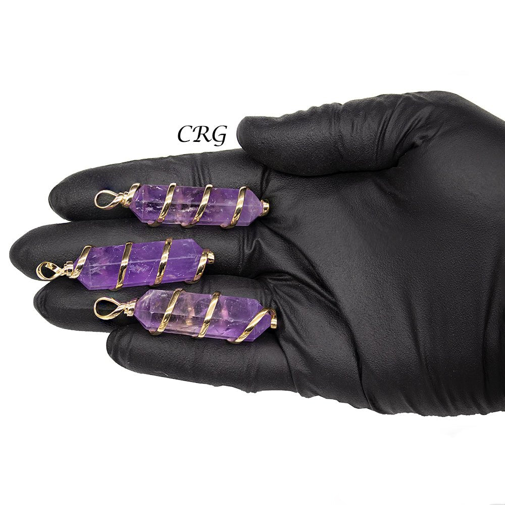 SET OF 2 - Double Terminated Amethyst Pendant with Gold Spiral / 1-2" AVG