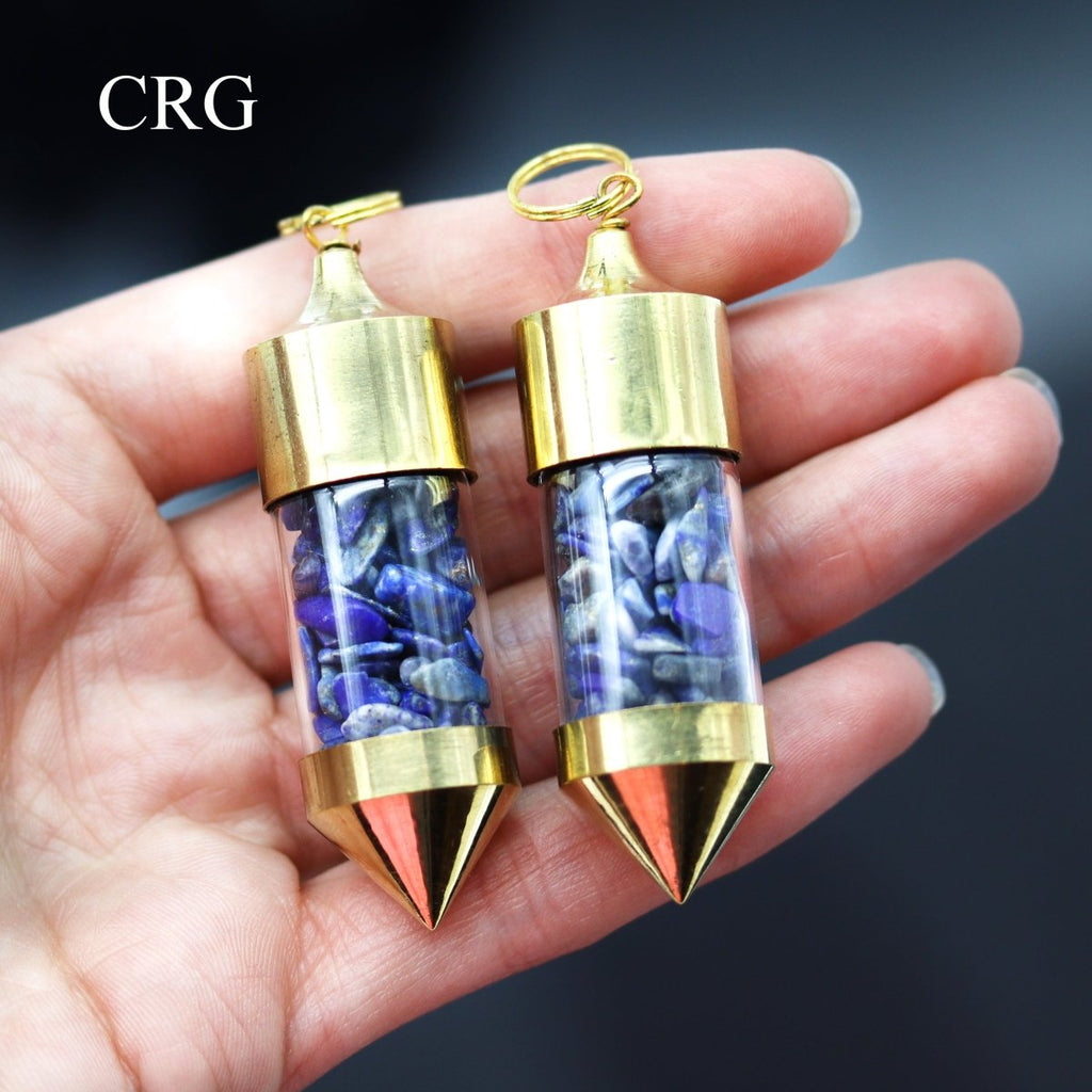 Lapis Lazuli Gemstone Chips in Gold-Plated Bottle Pendant (2 Pieces) Size 2.5 Inches (INJD)