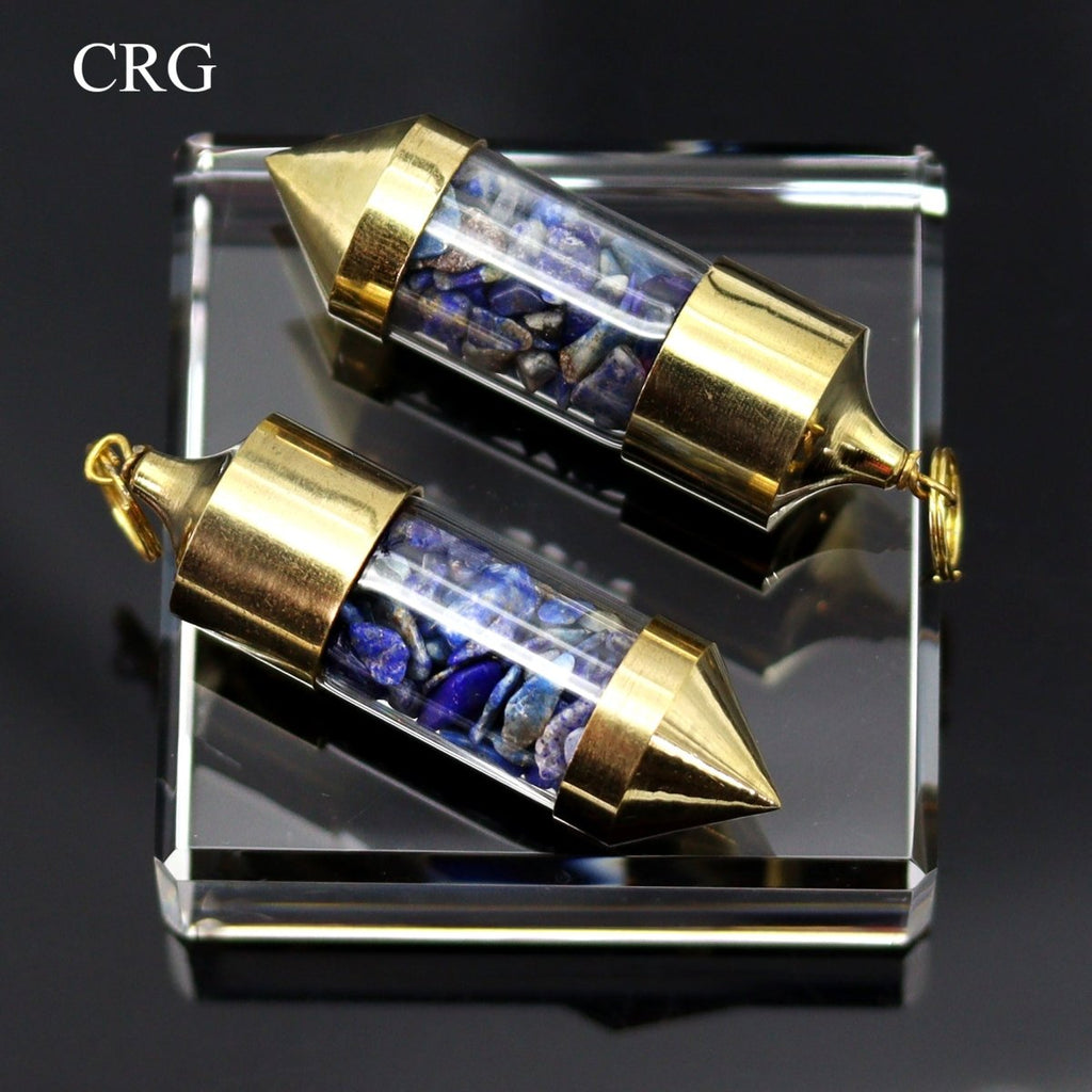 Lapis Lazuli Gemstone Chips in Gold-Plated Bottle Pendant (2 Pieces) Size 2.5 Inches (INJD)