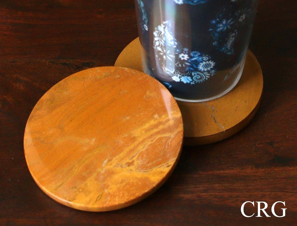 SET OF 2 - Madagascar Yellow Jasper Gemstone Coasters / 92mm AVG