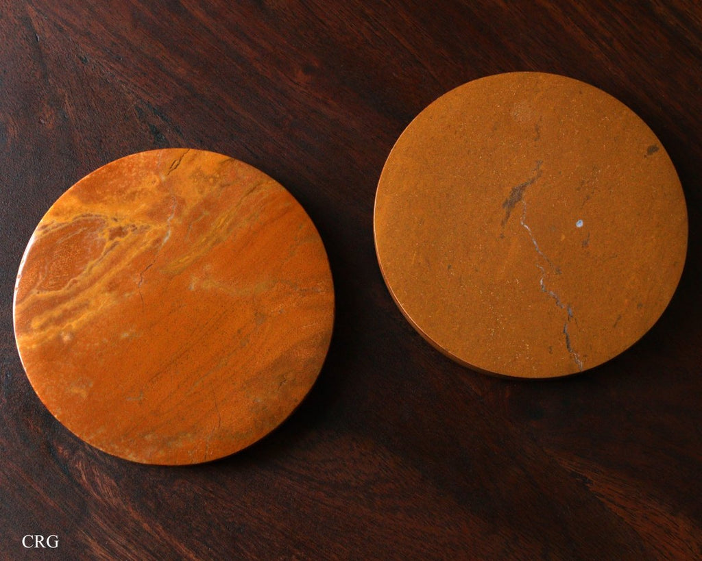 SET OF 2 - Madagascar Yellow Jasper Gemstone Coasters / 92mm AVG