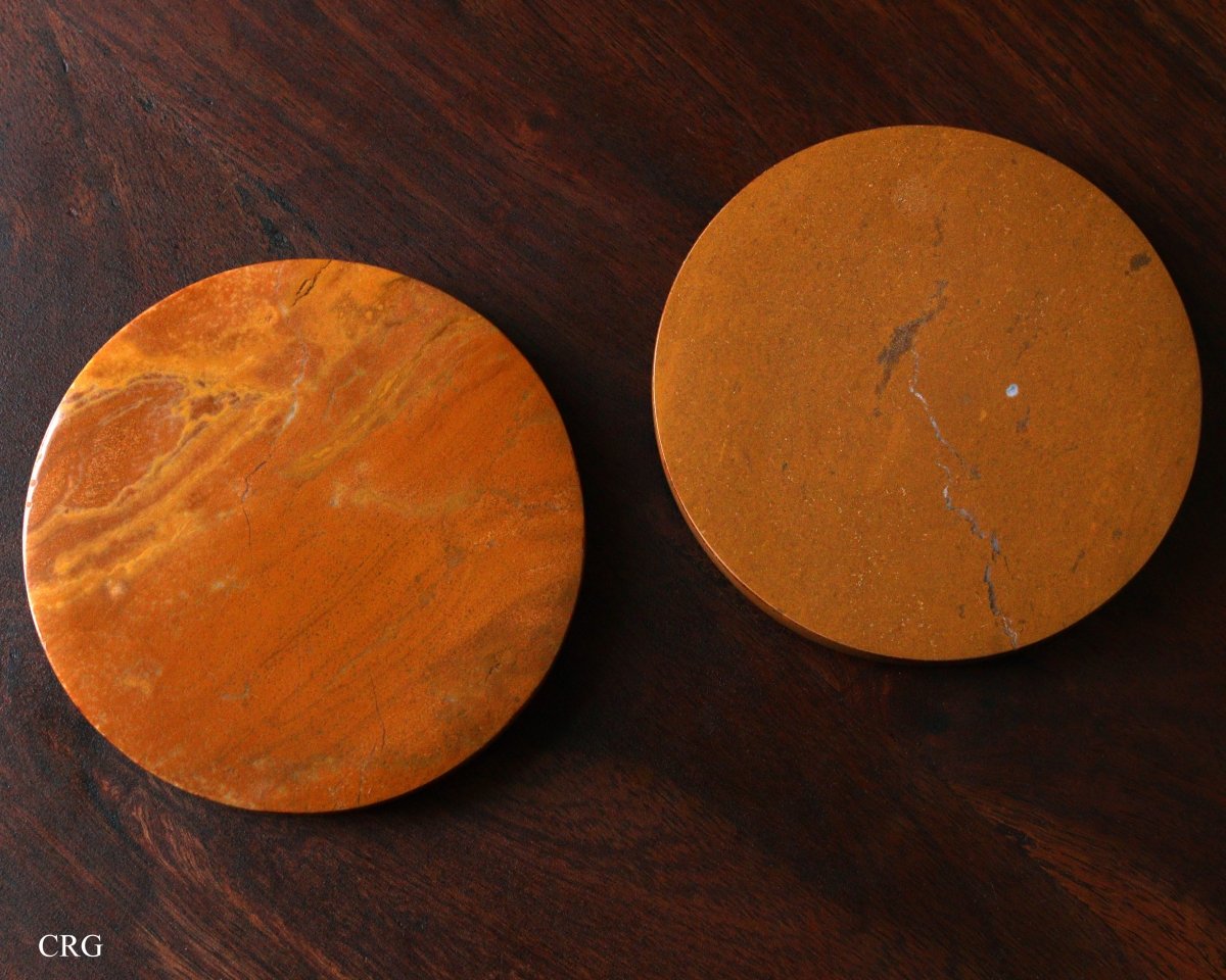 SET OF 2 - Madagascar Yellow Jasper Gemstone Coasters / 92mm AVG