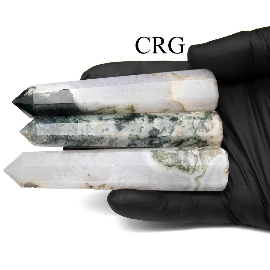 SET OF 2 - Mixed Shape Moss Agate Towers / 3-5" AVG