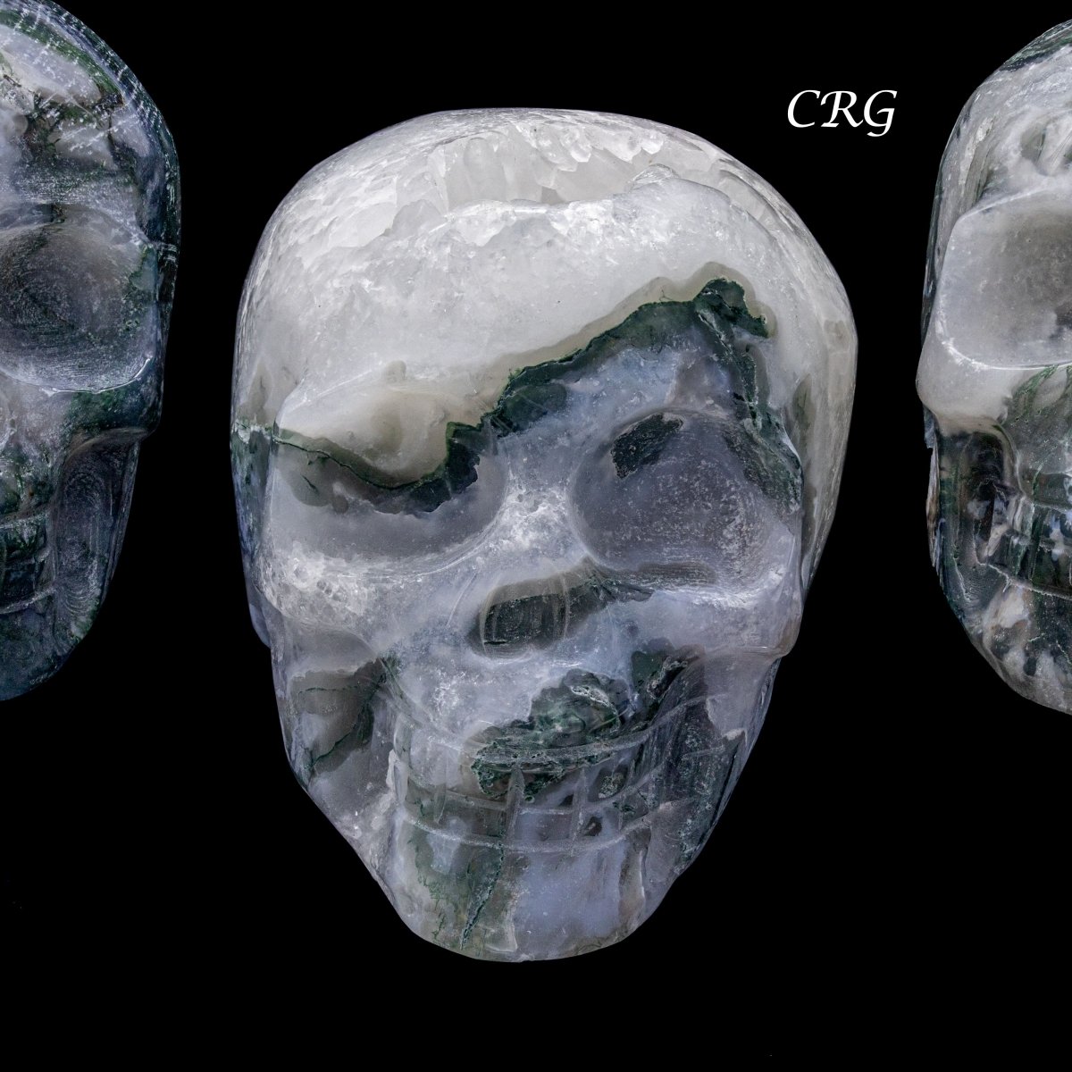 Set of 2 Moss Agate Skulls - 3" in