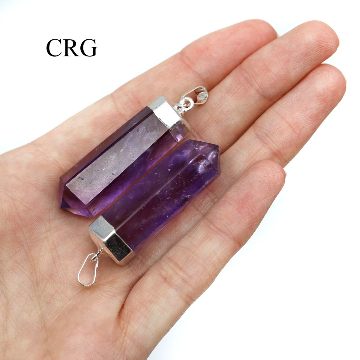 SET OF 2 - Polished Amethyst Point Pendant with Silver Plating / 1-2" AVG