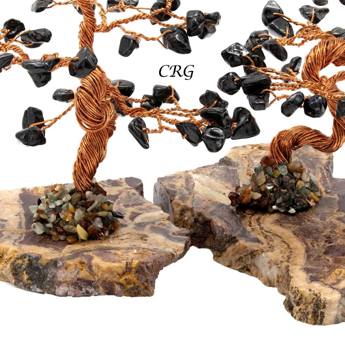 SET OF 2 - Tourmaline Gemstone Tree w/ Petrified wood base