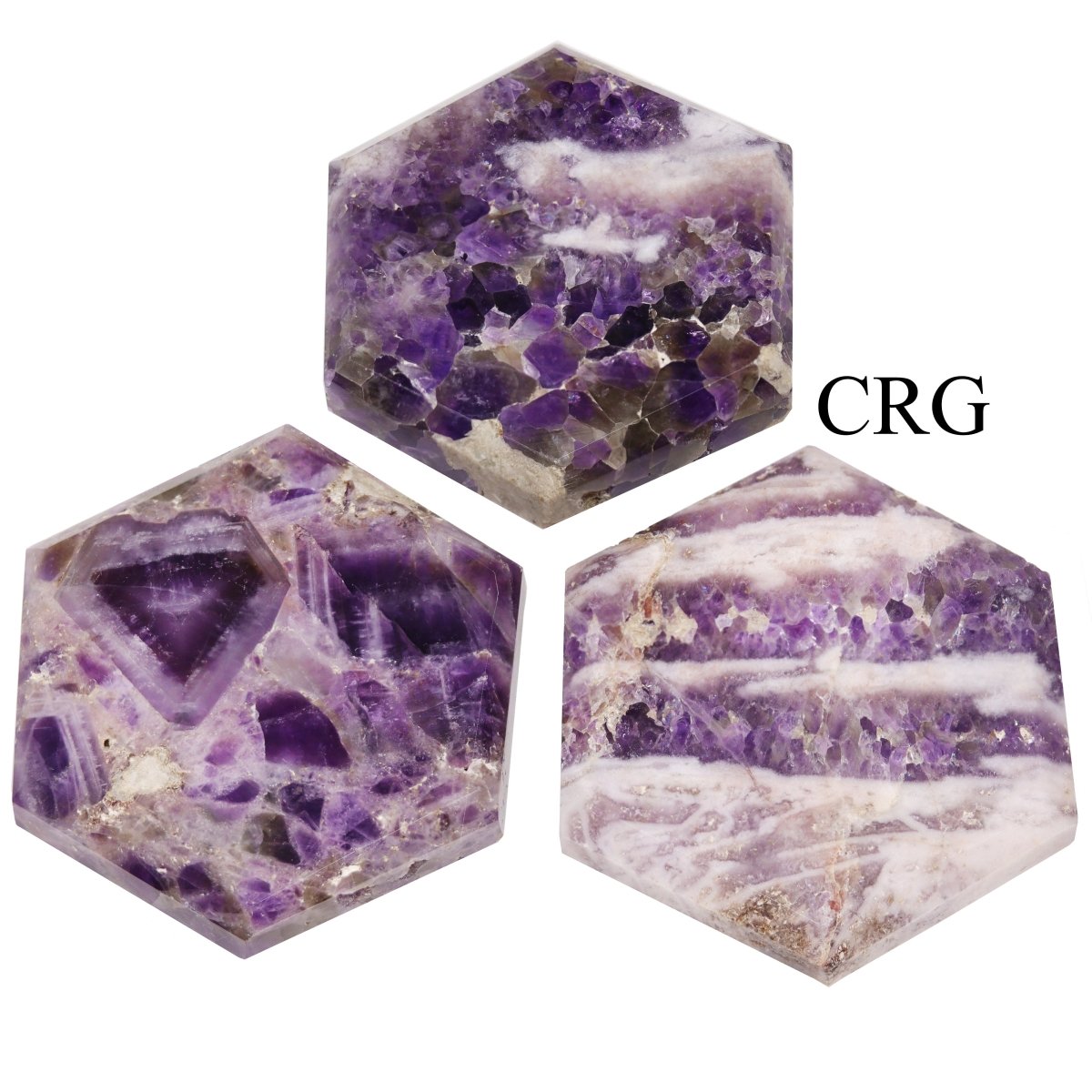 SET OF 3 - Flat Amethyst Gemstone Hexagon Palm Stones / 2" AVG